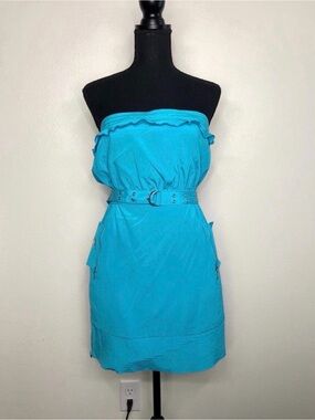 Bebe Turquoise Silk Strapless Utility Mini Dress